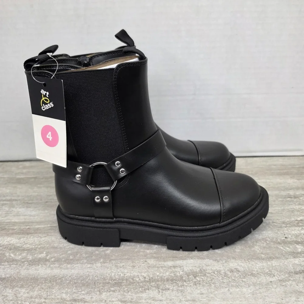 Art Class Crosby Kids‎ Black Harness Chelsea Boots Lug Sole Size 4 Girls shoes